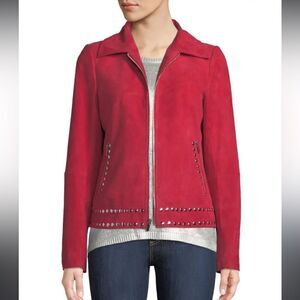 NWT Neiman Marcus Suede Motorcycle Jacket with Metal Embellishments Red XL